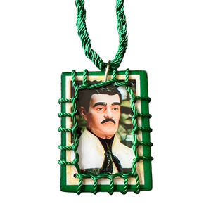 Jesus Malverde Scapular Necklace Green Knotted Rope Wood Pendant NEW